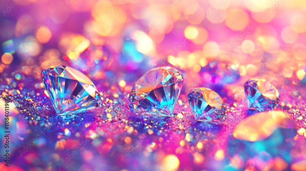 Poster sparkling diamonds on colorful glitter background, glimmering reflections creating an enchanting sce