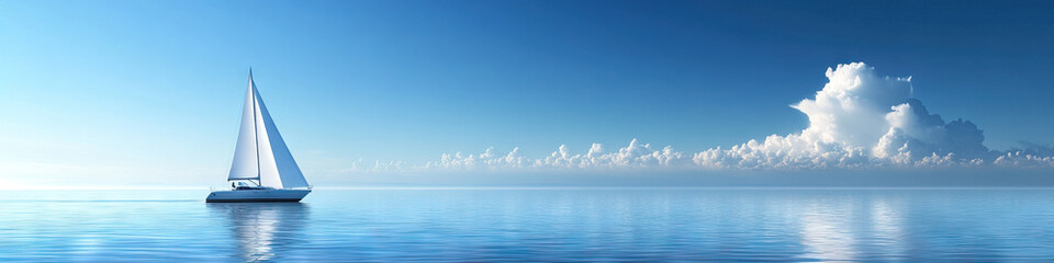 Fototapeta premium Sail Away Dreams: A sleek white sailboat gliding effortlessly across the open ocean under a cloudless sky.