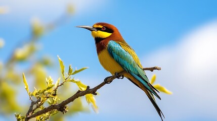 Fototapeta premium Colorful bird perched on branch natural environment wildlife photography clear blue sky close-up view nature's beauty