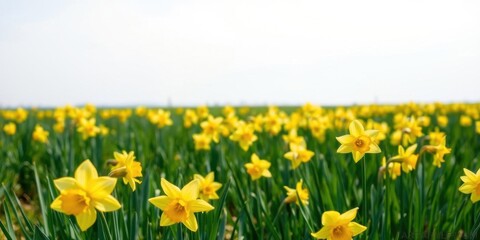 Fototapeta premium Vibrant yellow daffodil flowers blooming in a lush green field under the clear blue sky, nature, colorful