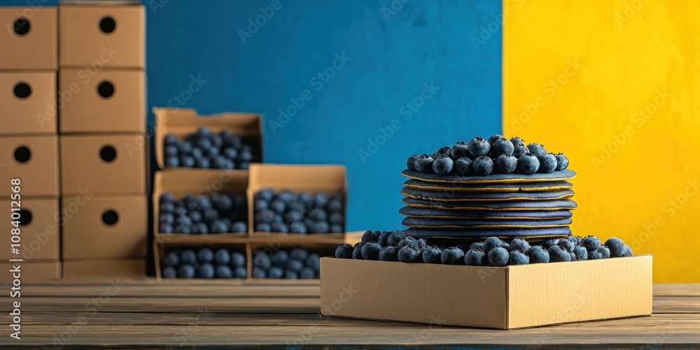 Poster A colorful display of stacked plates with blueberries in a box, set against vibrant backgrounds.