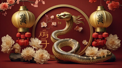 Fototapeta premium Happy Chinese New Year 2025. Snake zodiac with lanterns, cloud on red background for card design. China lunar calendar animal. Translation happy new year 2025, year of the snake. 