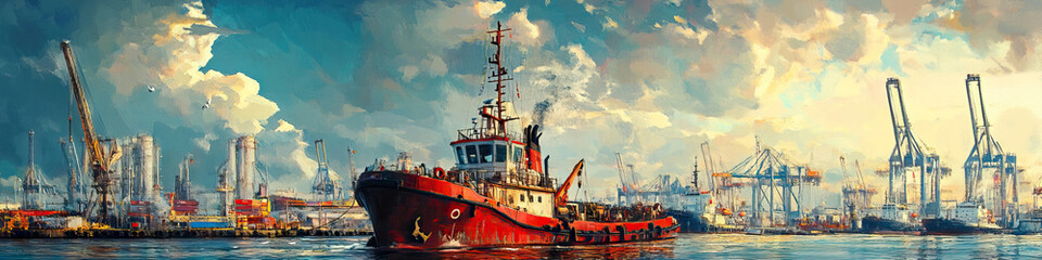 Fototapeta premium Tugboat Tales: A sturdy red tugboat navigating through a bustling harbor, with industrial cranes and towering ships in the background.