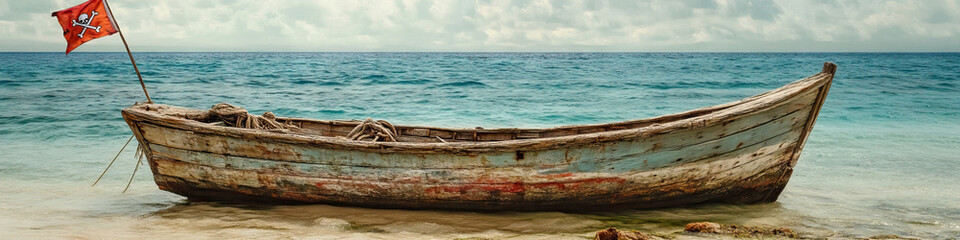 Fototapeta premium Pirate Plunder: A weathered wooden boat with a colorful pirate flag waving in the wind, anchored at a secluded cove.
