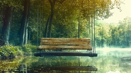 Obraz premium A serene wooden swing hangs over a misty lake, surrounded by lush greenery, creating a peaceful and calming atmosphere.