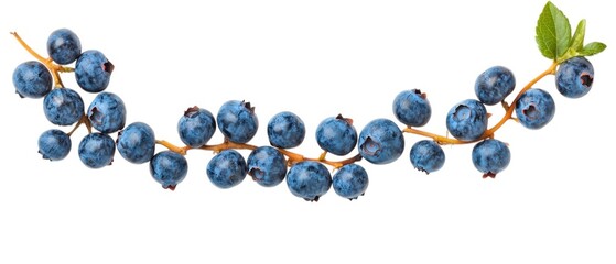Fototapeta premium A cluster of fresh, ripe blueberries nestled on a branch, showcasing their deep blue color and vibrant green leaf.