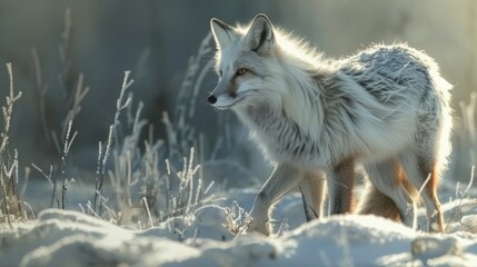 Fototapeta premium Majestic arctic fox in snowy winter landscape.