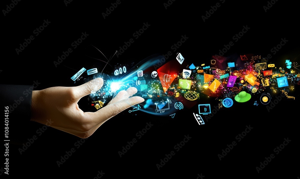 Poster a hand releasing colorful digital icons symbolizing technology and innovation.