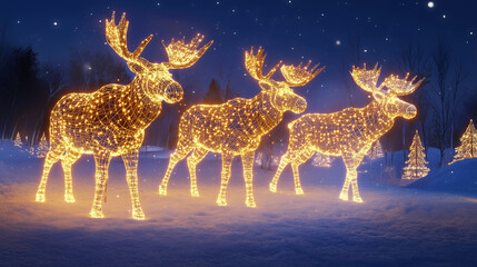 Fototapeta premium Three light moose structures on a snowy meadow in a winter night