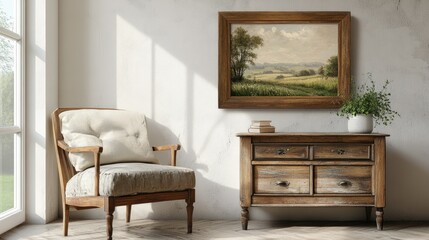 Cozy Interior Design with Rustic Furniture, Wooden Chair and Landscape Painting in Brightly Lit Room Capturing Serenity and Warmth in Home Decor