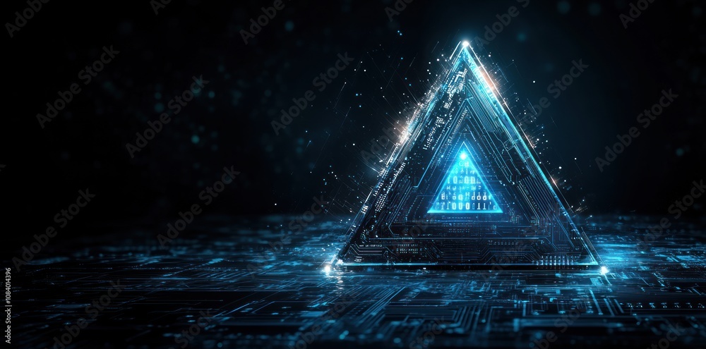 Poster a glowing, futuristic pyramid with digital circuitry, symbolizing technology and innovation.