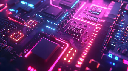 Fototapeta premium Neon Circuit Board 3D Illustration
