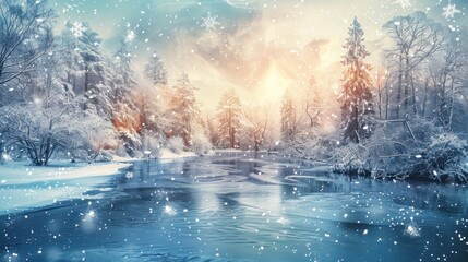 Obraz premium winter landscape with forest and river, magical fantasy, winter background, digital art, illustration