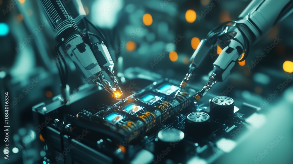 Poster robotic precision assembly high-tech lab digital content futuristic environment close-up view automa