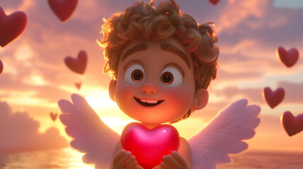 Fototapeta premium Adorable 3D Cartoon Cupid Holding a Glowing Heart in a Romantic Setting. Valentine's day.