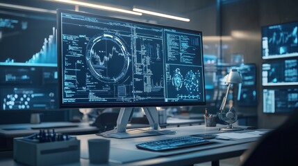 Fototapeta premium Data analysis workflow modern office digital interface high-tech environment close-up view business intelligence