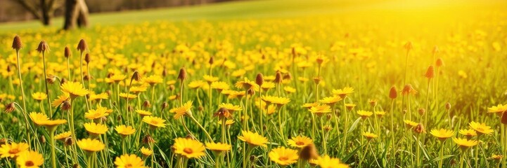 Fototapeta premium Vibrant yellow daffodil flowers blooming in a vast field under the bright sun, sunny, spring