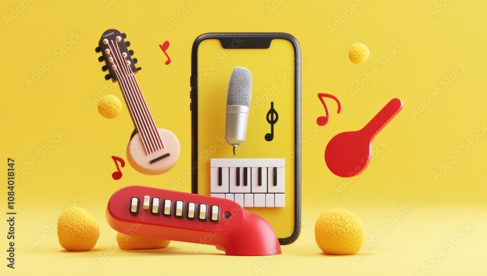 Poster a vibrant composition of musical instruments and a smartphone, symbolizing creativity.