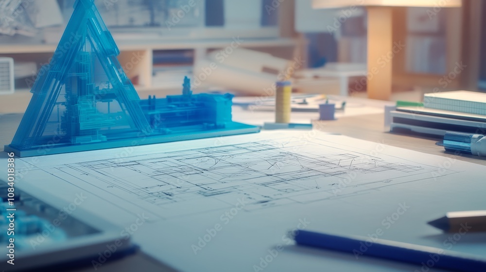 Poster architectural model building design studio 3d printed structure creative workspace overhead view inn