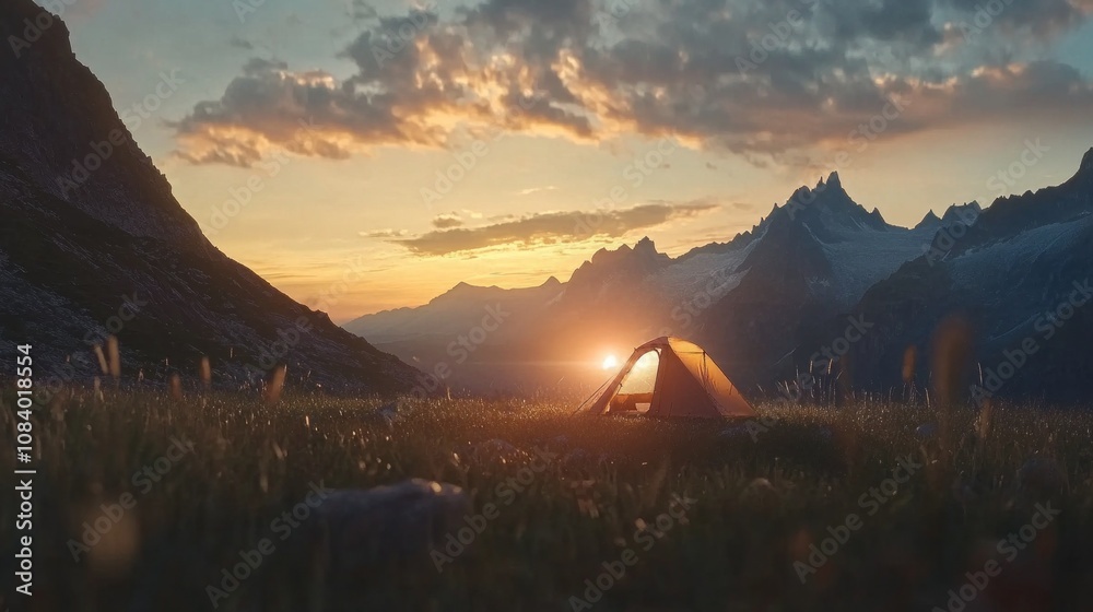 Poster A small tent is set up in a grassy field with mountains in the background