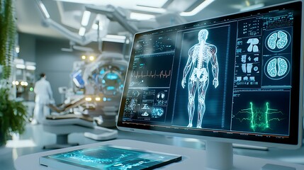 Obraz premium Healthcare Data Analytics. A high-tech medical facility features a digital display of a human body, showcasing advanced diagnostics and technology in healthcare.