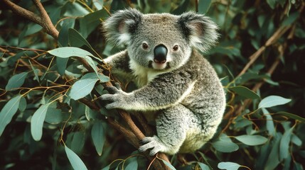 Cute Koala Clinging to Tree Branch Surrounded by Lush Green Eucalyptus Leaves in Natural Habitat, Capturing the Essence of Australian Wildlife