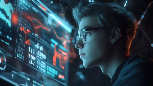 A young man is looking at the stock market on his computer screen, with glowing graphs and numbers floating around him in an immersive digital environment. - Powered by Adobe