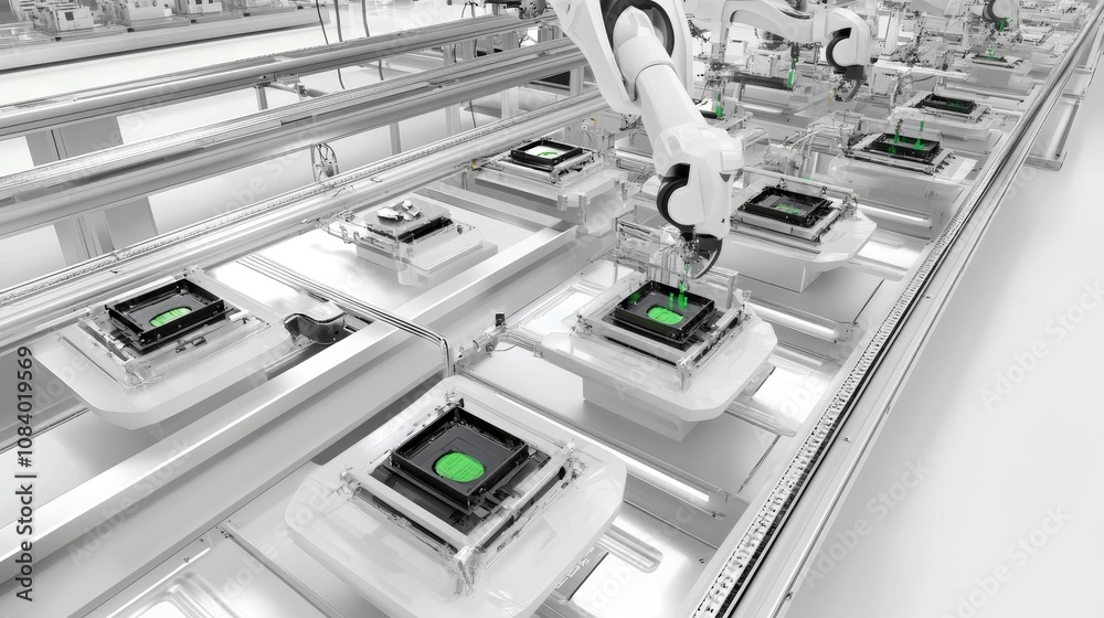 Poster automation process in manufacturing robotics factory technology industrial environment aerial view a