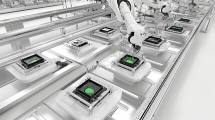 Fototapeta premium Automation process in manufacturing robotics factory technology industrial environment aerial view advanced robotics concepts