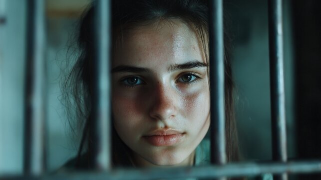 Young Woman Looking Through Bars