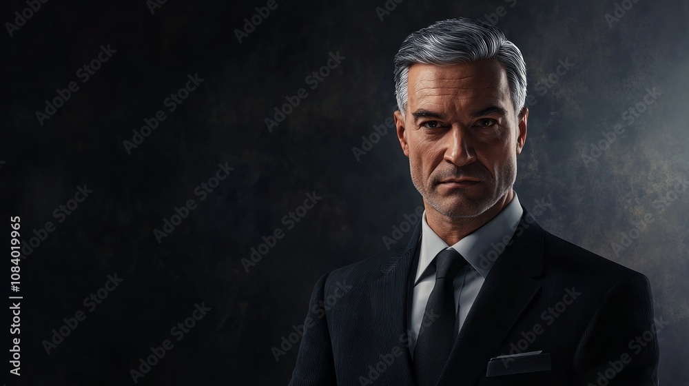 Poster a man in a suit and tie is standing in front of a dark background