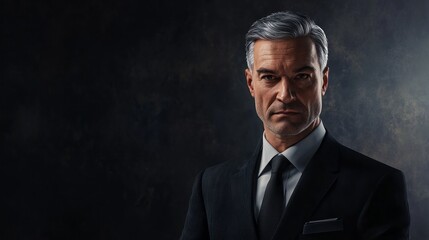 Obraz premium A man in a suit and tie is standing in front of a dark background