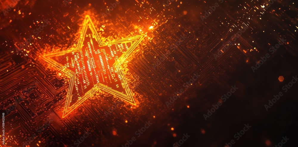 Poster A glowing star against a digital circuit background, symbolizing technology and innovation.