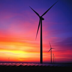 silhouetted wind turbines against a colorful sunset sky