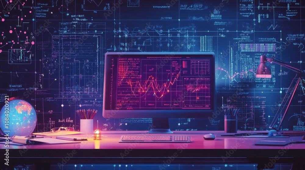 Poster analyzing data trends office environment digital workspace high-tech setup desktop view data visuali