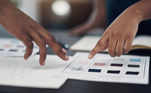 Business people, hands and color for fashion sketch, designer and drawing for creative ideas. Team, documents and strategy for style, collaboration and review feedback for clothes or dress in office