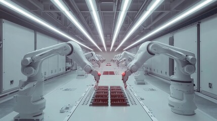 Obraz premium Automated robotics in manufacturing high-tech facility industrial process clean environment overhead view innovative automation