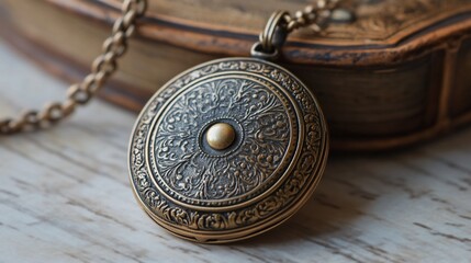 A close-up of an antique brass locket on a chain, resting on a vintage book.