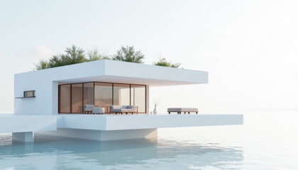 Fototapeta premium Modern floating house with minimalist design and ocean view
