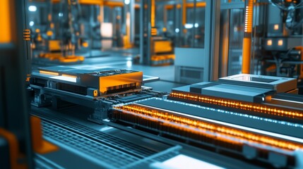 Automated manufacturing process industrial facility digital imagery high-tech environment close-up view modern technology