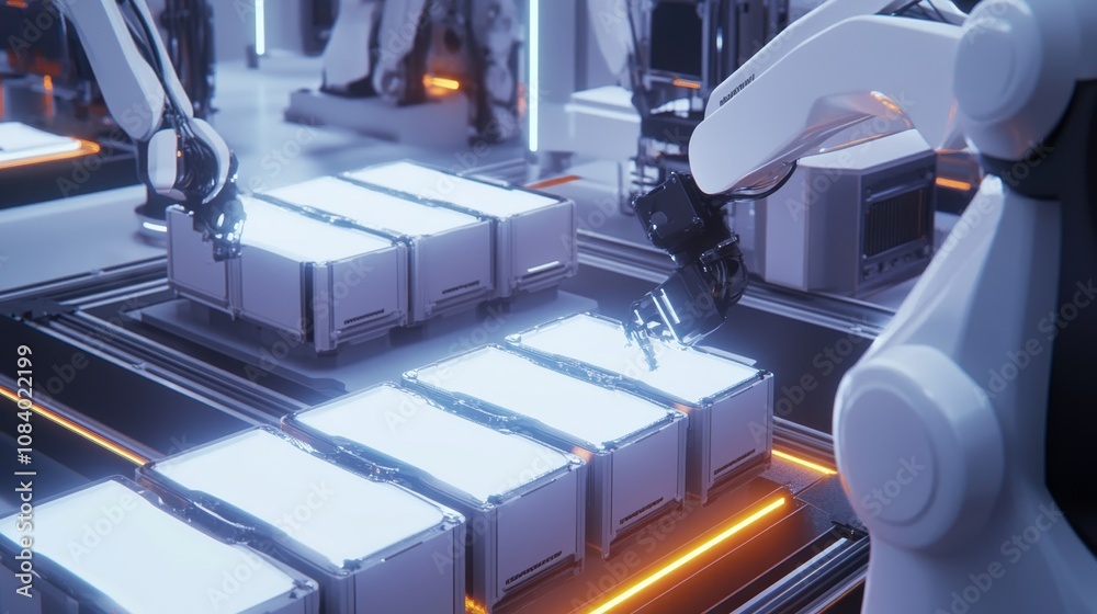 Poster robotic automation in action modern factory technology showcase high-tech environment close-up view 