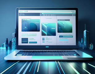 Laptop with a futuristic interface and city skyline