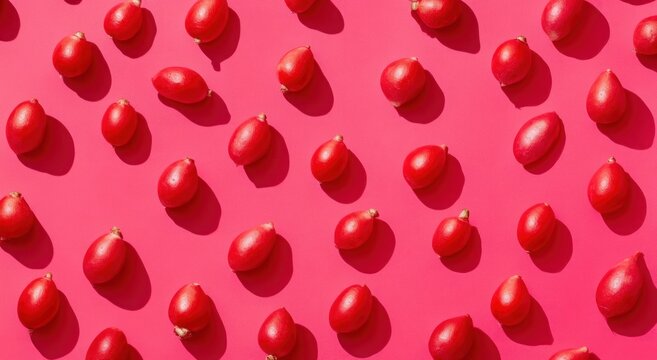 A vibrant arrangement of red teardrop shapes on a pink background.
