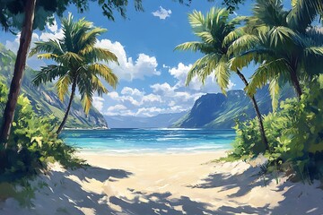 Obraz premium Hidden Tropical Cove with Serene Ocean and Palm Trees