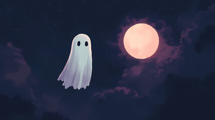 Simple minimalist design of a dark ghostly figure floating against a moonlit sky, symbolizing the haunting presence of halloween. Haunting. Illustration