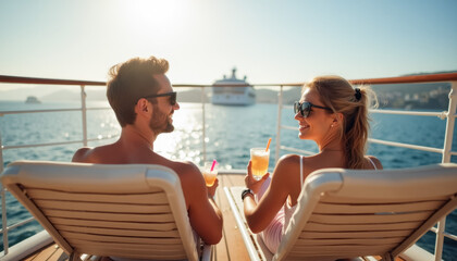 Couple relaxing on cruise ship deck with refreshing drinks at sunset