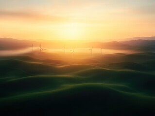 scenic landscape with wind turbines at sunset