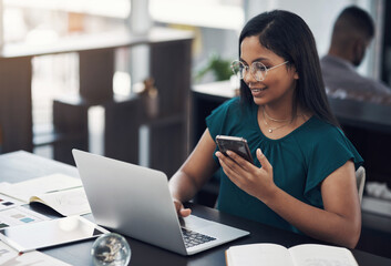 Fototapeta premium Woman, laptop and phone for news in office, editing email and online for communication. Female person, message client and schedule project feedback on calendar app, website research and typing plan