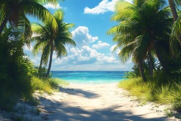 Obraz premium Palm Tree Lined Sandy Path to Tropical Beach Escape