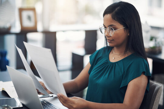 Woman, writer and review paper in office, proofreading and editing pages of novel for publication. Female person, professional author and documents for translation, plan story and character info